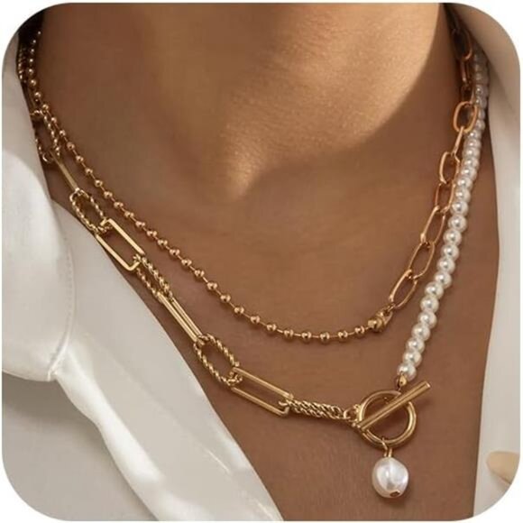 Baroque Pearl & Paperclip Chain Necklace – 14K Gold Plated OT Toggle Choker - Picture 1 of 5